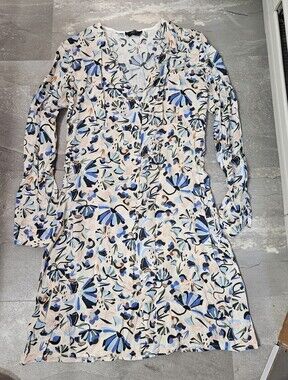 FRNCH Cream Long Sleeve Floral Print Mini Dress. V Neck. Blue Accents. S.